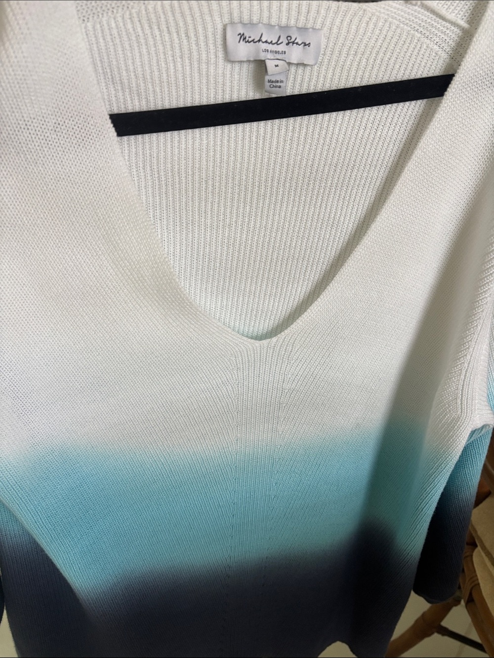 Michael Stars Ombre V-Neck Sweater in White, Teal & Navy
